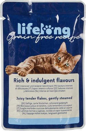 Amazon Brand -  Grainfree Complete Adult Cat Wet Food, Chicken, Duck, Turkey and Beef In Jelly Selection, 4.76 kg (56 Packs of 85g)