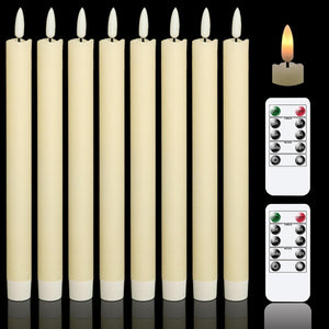 Flameless Flickering Taper Candles with 2 Remote Controls and Timer, Real Wax 3D Wick Light Window Candles Battery Operated Pack of 8, Christmas Home Wedding Decor (Ivory, 0.78 X 9.64 Inch)