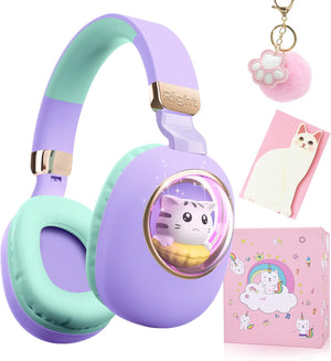 Kids Bluetooth Headphones for Girls, 3D Cat Headphones with LED Light, 2 in 1 Wired/Wireless Childrens Headphones with Mic, Portable Over-ear Headphone for iPad/Kindle/Tablet, with Gift Box