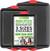 Baking Tray Set - Oven Baking Pans, 3 Piece Non-Stick Oven Trays, Deluxe & Stylish High Quality - Matal Bakeware, Black w/Red Silicone Handles