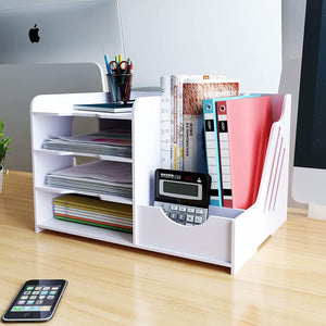 4-Tier Office White Letter Tray Desk Tidy Organiser A4 File Rack Paper Sorter Storage with Vertical Horizontal All in One Supplies Storage Box Desktop Magazine File Holder