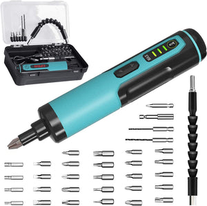 Electric Cordless Screwdriver Set  4V Rechargeable Adjustable Torque Electric Screwdriver Gun with 33 Magnetic Bits Set (2 Drill Bits Included),Dual Flashlights,Carrying Box,Type C Cable