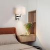 1xE27/ES Up Down Wall Light with Adjustable LED Reading Light, 1 USB Port and 2 On/Off Switches, Polished Chrome Finish, White Fabric Shade (Square Shade)