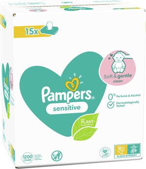 Sensitive Baby Wipes 15 Packs of 80 = 1200 Baby Wet Wipes, Unscented, For a Soft And Gentle Clean