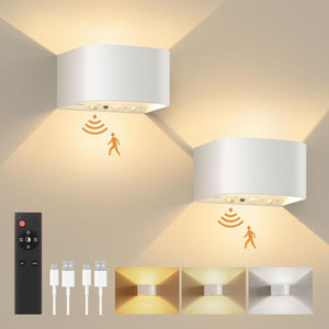 Wall Lights with Motion Sensor, Remote Control, 3 Colors,Up and Down Indoor LED Wall Sconces,On and Auto Modes,5000mAh Rechargeable Battery Operated Wall Lamps for Bedroom,Living Room,Stairs