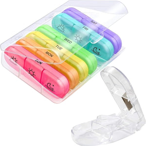 Weekly Pill Box Organizer with Cutter, Portable Pill Boxes 7 Day 3 Times A Day, 7 Day Tablet Organizer with Large Separate Compartments to Hold Medication, Vitamins, Fish Oil and Supplement