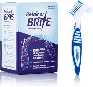 Retainer Brite Cleaning Kit Including 96 Tablets (3 Month Supply) and Denture Brush - Kills 99.9% of Bacteria - Ideal for retainers, mouthguard, dentures, invisalign. Removes Plaque and Tartar.