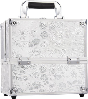 Makeup Case Vanity Box 4 Trays Beauty Organiser Case Cosmetic Storage Box with Locks, Silver Rose