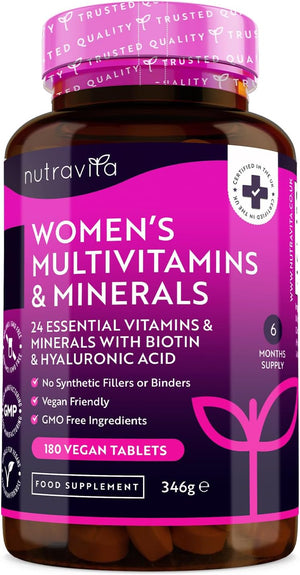 Women's Multivitamins and Minerals - 24 Essential Active Vitamins and Minerals with Added Hyaluronic Acid - 180 Vegan Tablets - No Synthetic Fillers or Binders - Made in The UK by