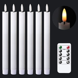 Flameless White Taper Candles Flickering with Remote and Timer, Battery Operated LED Warm 3D Wick Light Window Candles Real Wax Pack of 6, Christmas Home Wedding Decor(0.78 X 9.64 Inch)