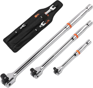 3Pcs Breaker Bar Set, 1/2"&3/8"&1/4" Sq Drive Breaker Bar, Flexible Knuckle Socket Wrench, Wheel Nut Spanner, Chrome Vanadium Steel