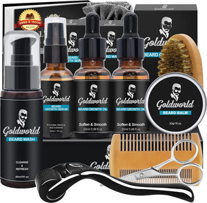 Beard Growth Grooming Care Kit for Men w/Derma Roller Hair Growth,Fathers Gifts Day Set for Dad Him Stocking Fillers Mens Boyfriend Husband w/Beard Oil,Beard Wash/Shampoo,Balm/Wax Comb Brush