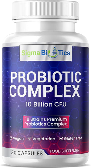 Probiotic Complex - Vegetarian 18 Premium Strains with Lactobacillus Acidophilus & Bifidobacterium - 10 Billion CFU - Digestive and IBS Support Supplement- 30 Capsules