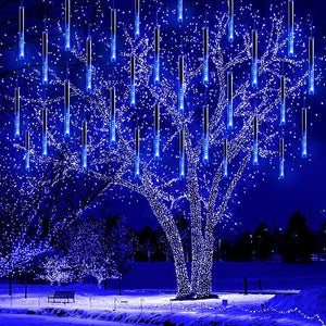 Christmas Lights Outdoor Decorations, 10 Tube 240LED Meteor Shower Lights,Waterproof & Expandable Snowfall Icicle Cascading String Lights for Xmas Festival Party Holiday Wedding Decor，Blue