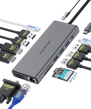 Docking Station,14 in 1 USB C Hub Multiport Adapter to 2 HDMI 4k@60Hz/4k@30Hz,VGA,6 USB Port,100W PD,SD/TF Card Reader,Ethernet,Audio Compatible with iMac/Laptop/Windows/Phones