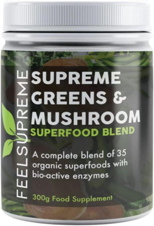 - Super Greens Powder with Mushroom - 35 Nutrient Dense Superfoods, Natural, no Added Sugar - High in Fibre, Protein, Vitamin C, Spirulina - Greens Supplement, Mushroom Powder - 300g