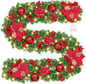 Christmas Garland,  9FT Christmas Garland with Lights Pre-lit Decorated Garland, 2.7M Christmas Door Garland Wreath, Xmas Garland for Stairs, Fireplace, Front Door, Home, Outdoor, Decoration