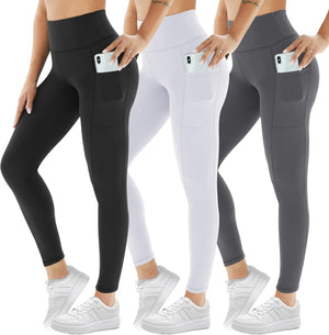 3 Pack Leggings for Women with Pockets High Waist Gym Leggings Black Tummy Control Stretchy Yoga Pants Trousers Workout Sports Fitness Running