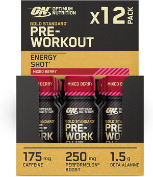 Gold Standard Pre-Workout Energy Shot, Ready to Drink Food Supplement with Beta Alanine, Caffeine, PerforMelon Boost and Vitamin B6 and B12, Mixed Berry Flavour, 12-Pack, 12 x 60 ml