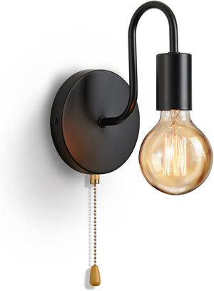 Wall Lights with Pull Cord E27 Black Wall Light, Max. 40W Vintage Metal Wall Sconce for Living Room, Bedrooms, Garage, Loft, Porch, Hallway (No Bulb)