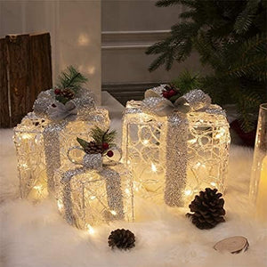 3PK Light up Present Boxes Silver Gift Boxes with Warm White Lights Plug in for Christmas Decorations Home and Outdoor Décor