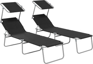 Outdoor Foldable Sun Lounger Set of 2, 4 Level Adjustable Backrest Reclining Sun Lounger Chair with Angle Adjust Sun Shade Awning for Beach, Garden, Patio, Black
