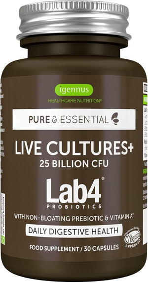 Live Cultures+ Probiotic Complex with Prebiotics for Gut Health, Lactobacillus Acidophilus & Bifidobacterium, 25 Billion CFU, Vegan, Bloating Relief, 30 Capsules, by Igennus