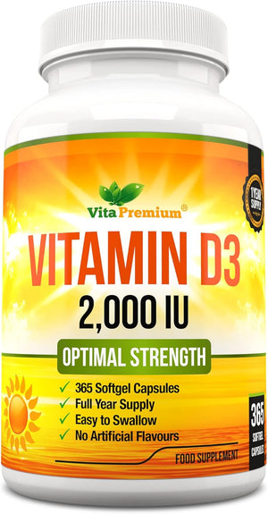 Vitamin D 2,000 IU, Optimal Strength Vitamin D3 Supplement, 365 Easy to Swallow Softgels - Full Year Supply