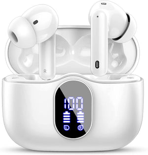 Wireless Earbuds, Bluetooth 5.3 Headphones In Ear with 4 ENC Noise Cancelling Mic, 2023 New Bluetooth Earphones Mini Deep Bass Stereo Sound, 36H Playtime LED Display Wireless Earbuds White