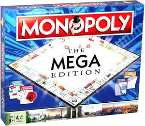 Mega Monopoly, an upgrade on the classic game board with 12 extra spaces including Downing Street, Saville Row and Knightsbridge, Invest in Skyscrapers, for ages 8 plus