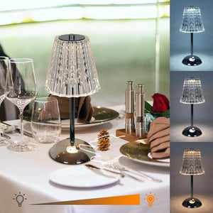 Cordless Table Lamp, Rechargeable Battery Operated Lamp, 3 Color Modes & Stepless Dimmable LED Touch Lamp, Portable Crystal Silver Chrome Metal Beside Lamps for Bedroom Restaurant Outdoor