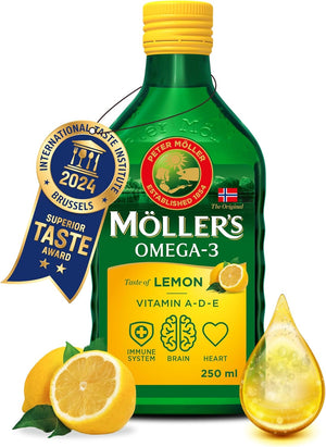 Moller’s ® | Omega 3 Cod Liver Oil | Omega-3 Dietary Supplements with EPA, DHA, Vitamin A, D and E | Superior Taste Award | Pure & Natural cod Liver Oil | Lemon | 250 ml