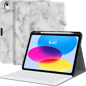 Keyboard Case for iPad 10th Generation Case with Keyboard, iPad 10th Generation Keyboard with Pencil Holder, Multi-Angle Detachable Bluetooth Keyboard for iPad 10th Generation, Marble White