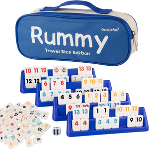 Mini Rummy Set,Travel Size Rummy Game with Durable Travel Canvas Bag, Classical Rummy Cube Game for Adult and Kids,106 Tiles, 4 Playing Rack, 1 Dice (2-4 Players)