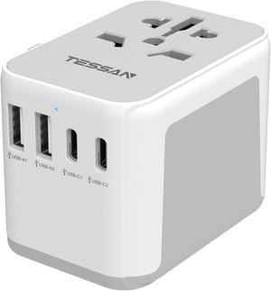 Universal Travel Adapter Worldwide with 2 USB C and 2 USB A Ports, Universal Plug Adaptor UK to World, International Travel Adapter for Multi Countries EU, USA, UK, Australia, Thailand etc.