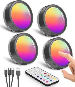 Rechargeable RGB Puck Lights with Remote Control, Black 1600mAh Battery Stick On Lights for Under Cupboard Touch Light LED Coloured Kitchen Cabinet Lights Magnetic USB Spot Lights for Display Shelf