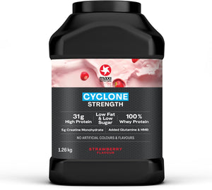 - Cyclone, Strawberry - Premium Whey Protein Powder with Added Creatine – Low in Sugar and Fat, Vegetarian-Friendly - 31g Protein, 205 kcal per Serving, 1.26kg