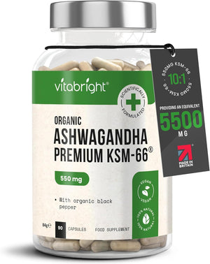 Organic Ashwagandha KSM 66, 5500mg Ashwagandha High Strength - Ashwaganda KSM66 5% Withanolides, 90 Vegan Capsules (3 Months) Pure Ashwagandha Root Powder Capsules (not Ashwagandha Tablets)