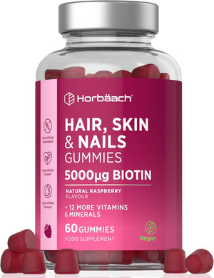 Hair Skin and Nails Vitamins | 5000µg Biotin, Zinc, Vitamin C, E & More! 60 Vegan Gummies | Supplement for Women and Men | by