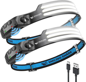 LED Rechargeable Headlamp, 230°Wide Angle 2 Pack 3*White Light Lightweight HeadLamps Motion Sensor Waterproof Headlight for Camping Hiking Outdoor (White)