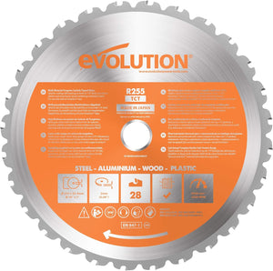 R255TCT-28T - 255 mm Multi Material Mitre Saw Blade (AKA Wood Blade, Metal Cutting Blade, TCT Saw Blade) - Carbide Tipped Blade Cuts Wood, Metal and Plastic