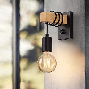 Industrial Wall Light with Dimmable Switch, Wooden Vintage Wall Light Sconce E27 Base Indoor Retro Wall Lighting Fixture for Living Room Bedroom Kitchen Restaurant,Corridor Bar(No Bulb)-Black