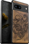 Wood Case for Pixel 8 Case [Natural Wood & Black Soft TPU] Shockproof Protective Cover Unique Wooden Case Compatible with Google Pixel 8 Case (Octopus Drawing-Walnut)