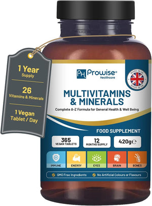 A-Z Multivitamins and Minerals I 365 Vegan A-Z Vitamins Tablets (1 Yr Supply) I 26 Essential Active Vitamins, Minerals & Micronutrients for Men & Women I Made in The UK by Prowise Healthcare