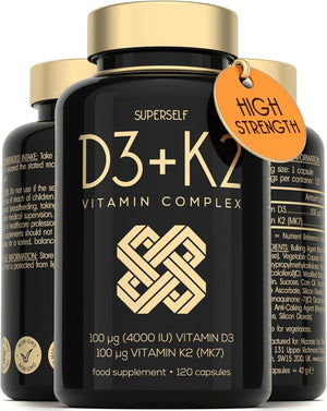 Vitamin D3 K2 Capsules - High Strength Vitamin D Tablets - 4000 IU Vitamin D & 100mcg VIT K MK7- UK Made Vegetarian D3 and K2 Vitamin Supplement for Strong Bones, Teeth, Immune System - 120 Capsules