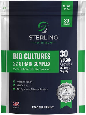 Bio Cultures Probiotic Complex with 22.5 Billion CFU with 22 Live Bacteria Strains - 30 Super Strength Vegan Capsules - Made in UK - by