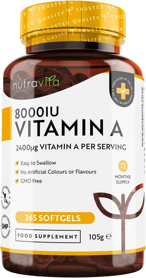 Vitamin A 8,000IU – 365 Softgels – Vitamin A Supplement for Normal Skin, Eyes & Immune System – No Soybean or Fish Liver Oil – 2400μg Vitamin A Capsules not Tablets – Made in The UK by