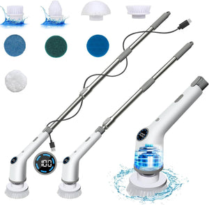 Electric Spin Scrubber, 2024 New Cordless Shower Scrubber with 8 Replacement Head, Plus Water Scraper, Mop Holder, 3 Adjustable Speeds and Adjustable Extension Handle for Bathtub Kitchen Floor