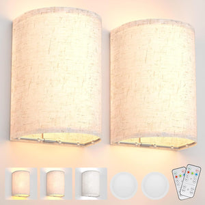 Wall Lights Sconces Set of Two,Rechargeable Battery Operated Wall Lights with Remote,Dimmable Brightness and 3 Color Temperature Wall Light with Fabric Shade for Bedroom Living Room