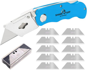 Shark-Tuff® Heavy Duty Folding Utility Knife & 10 Spare SK5 Blades | All Metal Sharp Craft Tradesman Camping Pocket Knife Cardboard Box Cutter with Belt Clip & Safety Lock UK Legal